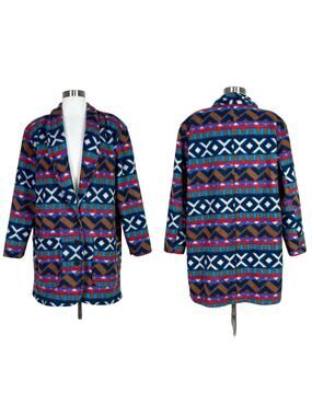 Vintage | 90s Rock Creek Fleece Boho Tribal Najavo Print Red Blue Coat Jacket 18